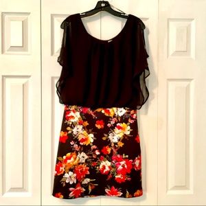 Super Cute Black Dress, Size Medium, with Red/Gold Floral pattern on skirt